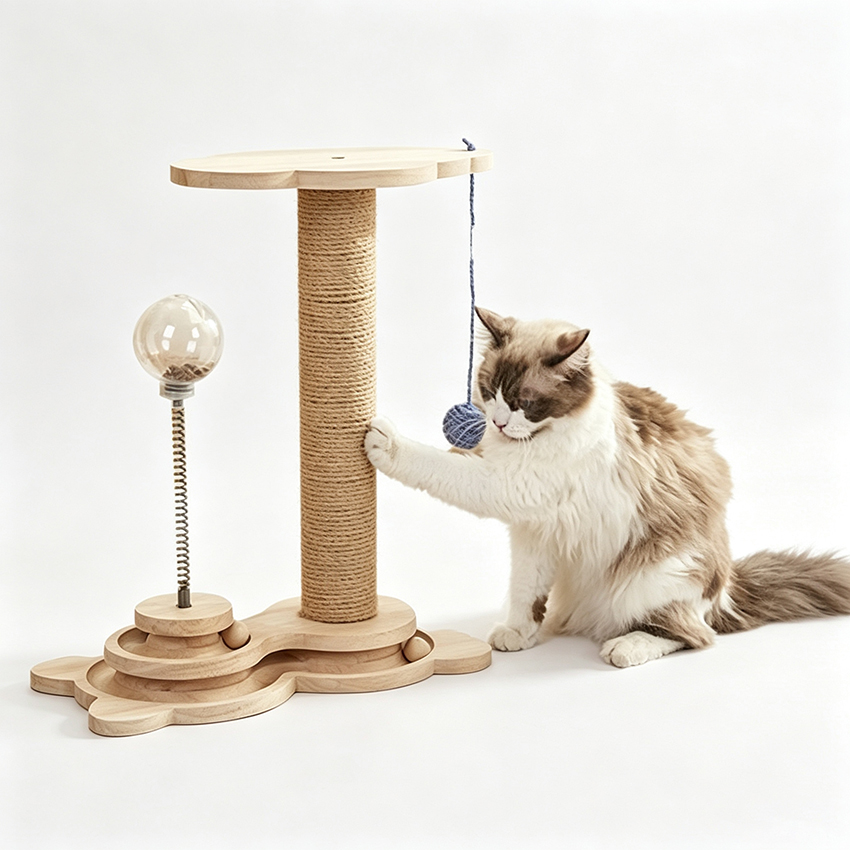 木质多功能猫抓柱 转盘滚珠弹簧漏食逗猫玩具